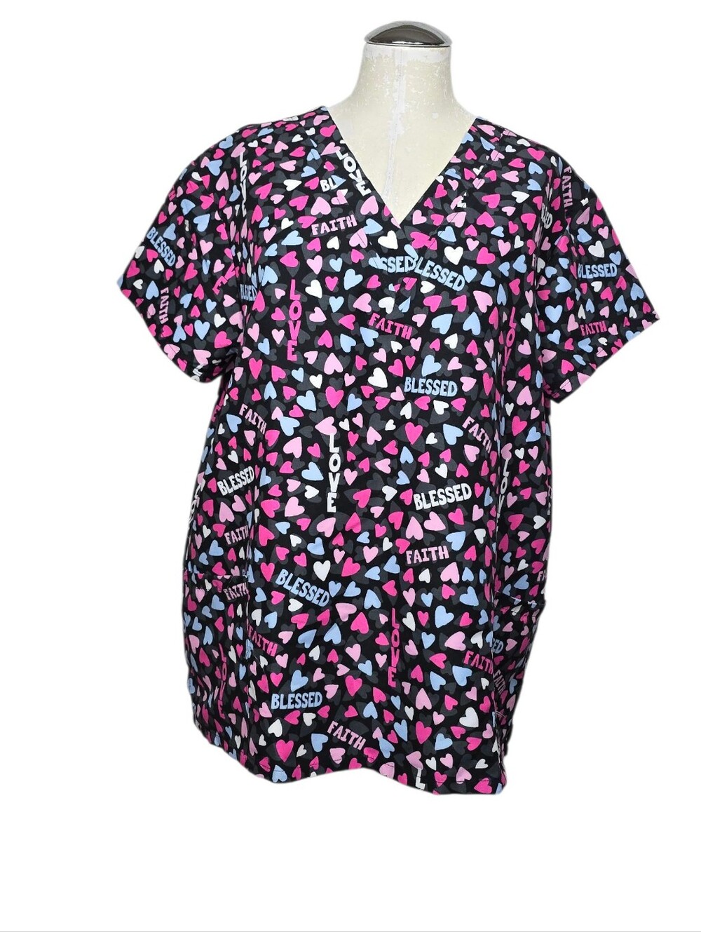 Wear For Care Heart Faith Blessed Short Sleeves Scrub Top XL Pink Blue Black